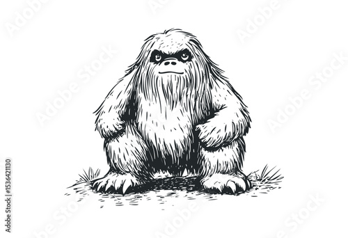 Illustration of a mythical bigfoot creature in a sitting pose. Vector retro hand drawn illustration