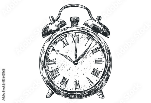 Vintage alarm clock with roman numerals and twin bell design. Vector retro hand drawn illustration