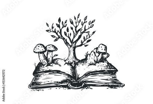 Enchanted book with tree and mushrooms emerging from pages. Vector retro hand drawn illustration