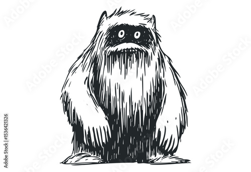 Cartoon yeti with shaggy fur and big eyes standing alone. Vector retro hand drawn illustration