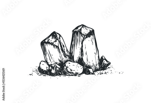 Detailed drawing of quartz crystals and small rocks. Vector retro hand drawn illustration