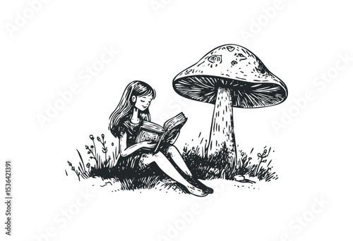 Young caucasian girl reading book next to giant mushroom illustration. Vector retro hand drawn illustration