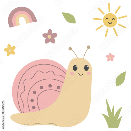 Adorable vector illustration of smiling cartoon snail with flowers, sun, rainbow, leaves and grass. Perfect for nursery designs, nursery decor, educational materials and children's clothing prints