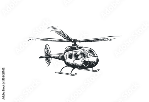 Vintage sketch of helicopter with rotating blades in detailed monochrome style. Vector retro hand drawn illustration