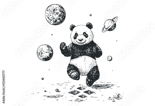 Cheerful panda floating in space with planets. Vector retro hand drawn illustration
