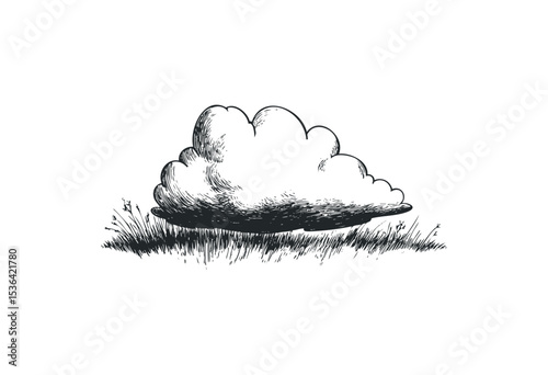 Hand-drawn cloud in grassy field illustrating nature's simplicity. Vector retro hand drawn illustration