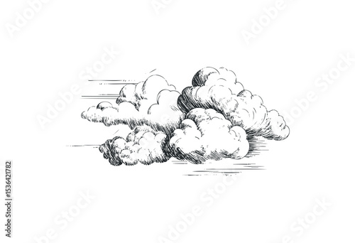 Detailed sketch of fluffy clouds in motion. Vector retro hand drawn illustration