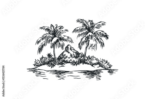 Sketched tropical island with palm trees and rock formation. Vector retro hand drawn illustration