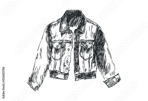 Denim jacket sketch with detailed pockets and sleeves. Vector retro hand drawn illustration