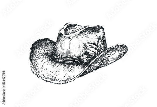 Hand-drawn vintage cowboy hat with feathers illustration. Vector retro hand drawn illustration