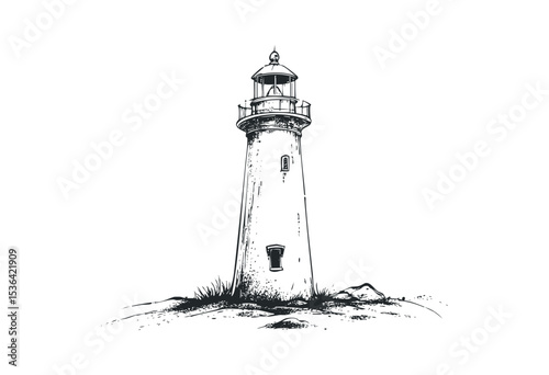 Vintage lighthouse sketch with detailed architecture and nautical elements. Vector retro hand drawn illustration