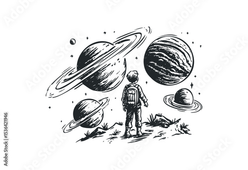 Young explorer child gazes at planets in space adventure illustration. Vector retro hand drawn illustration