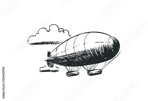 Vintage airship sketch with clouds in minimalist style. Vector retro hand drawn illustration