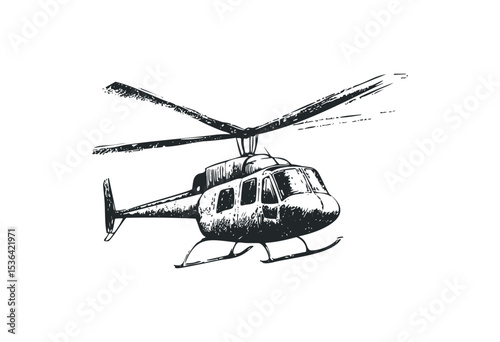 Vintage helicopter illustration with detailed rotor blades. Vector retro hand drawn illustration