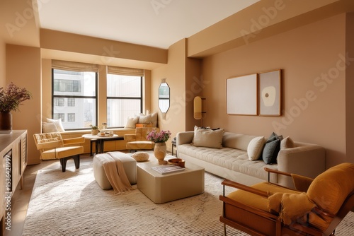 Cozy room with tan walls, beige seating, and minimal modern decor to create a calming feel.