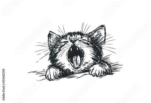 Yawning kitten sketch – adorable hand-drawn feline art. Vector retro hand drawn illustration