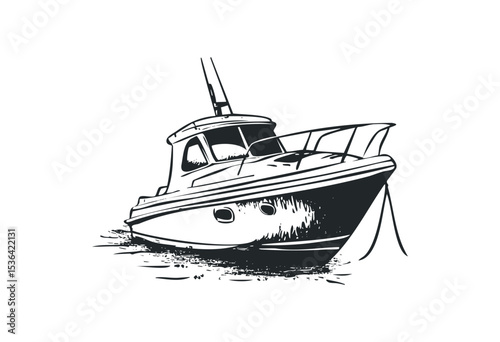 Monochrome sketch of a sailboat on water with simple lines. Vector retro hand drawn illustration