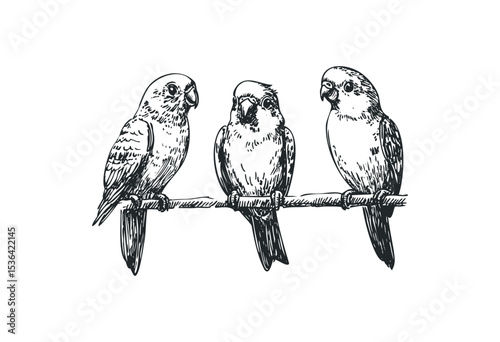 Illustration of three birds perching on a branch in detailed sketch style. Vector retro hand drawn illustration