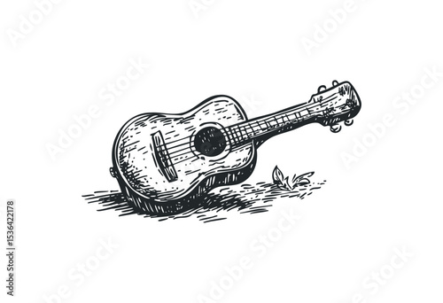 Hand-drawn acoustic guitar sketch with leaf detail. Vector retro hand drawn illustration