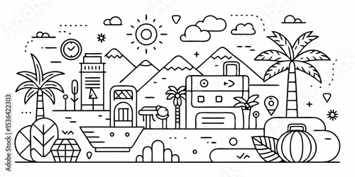 Minimal black line art vector pattern of travel elements