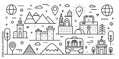 Minimal black line art vector pattern of travel elements