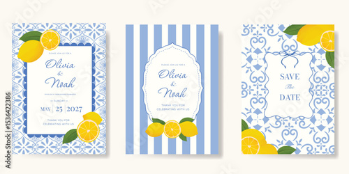 Indigo Italy summer invitation card vector. Italian poster with lemon, Blue Mediterranean tiles pattern, summer element. Design for wedding card, greeting card, bridal shower, cover.