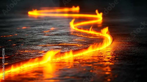 Dynamic fire trail animation on dark surface, creating energy and futuristic path concept