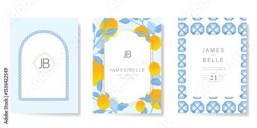 Indigo Italy summer invitation card vector. Italian poster with lemon, Blue Mediterranean tiles pattern, summer element. Design for wedding card, greeting card, bridal shower, cover.