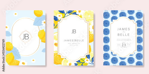 Indigo Italy summer invitation card vector. Italian poster with lemon, Blue Mediterranean tiles pattern, summer element. Design for wedding card, greeting card, bridal shower, cover.