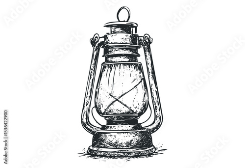 Vintage kerosene lantern sketch with detailed metalwork design. Vector retro hand drawn illustration