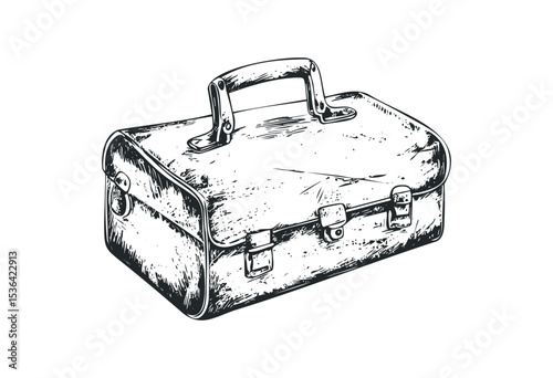 Vintage sketch of a classic toolbox with handle and clasps. Vector retro hand drawn illustration