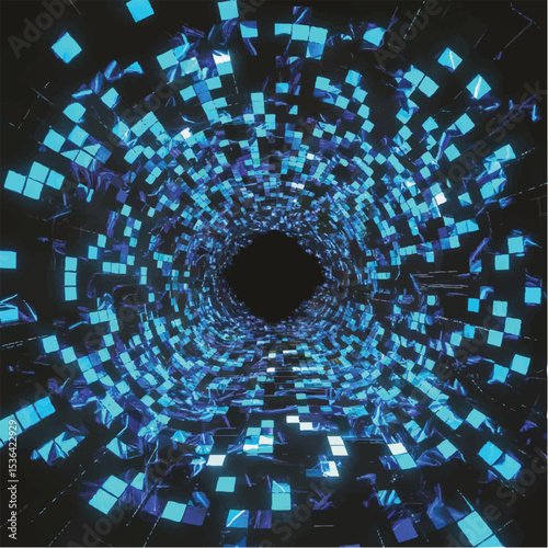 A futuristic digital tunnel made of glowing blue screens arranged in a spiral, cyberpunk style, neon reflections, sci-fi concept art.

