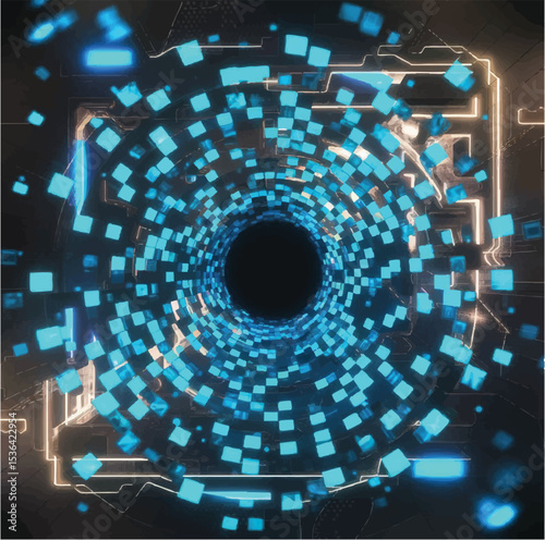 A futuristic digital tunnel made of glowing blue screens arranged in a spiral, cyberpunk style, neon reflections, sci-fi concept art.

