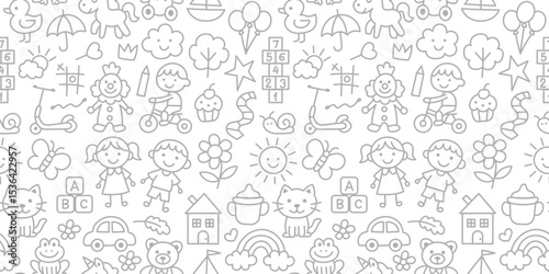 Preschool kindergarten doodle line seamless pattern. Cute daycare hand drawn elements.