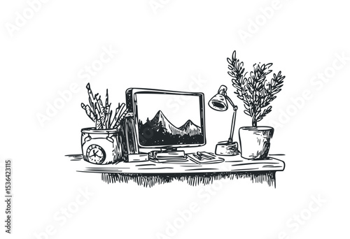 Vintage desk with computer monitor and plants in artistic workspace illustration. Vector retro hand drawn illustration