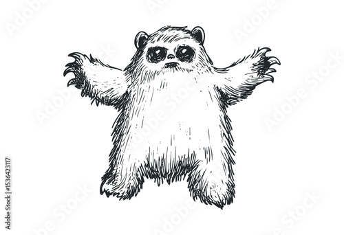 Hand-drawn furry monster with big eyes and claws. Vector retro hand drawn illustration