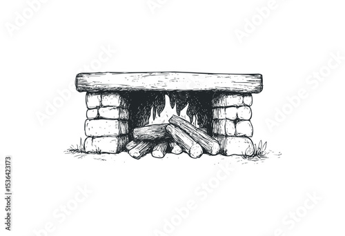 Vintage stone fireplace sketch with burning logs. Vector retro hand drawn illustration