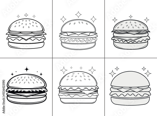 Black and white cartoon burger illustrations, perfect for coloring books or fast food designs.