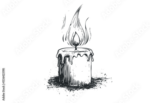 Sketch of melting candle with burning flame. Vector retro hand drawn illustration