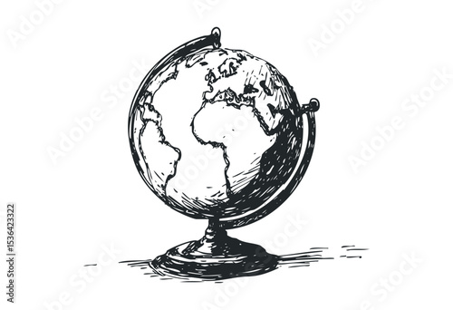 Hand-drawn vintage style globe illustration with detailed continents. Vector retro hand drawn illustration