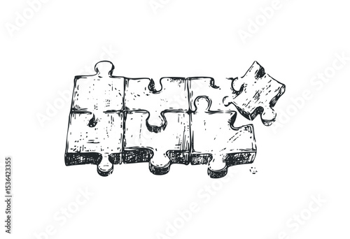 Hand-drawn puzzle pieces in monochrome sketch style illustration. Vector retro hand drawn illustration