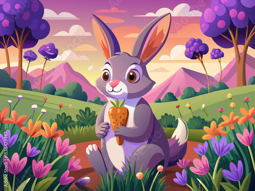 vector of A beautiful rabbit is eating carrots in the vast and beautiful plain among the violet flowers...