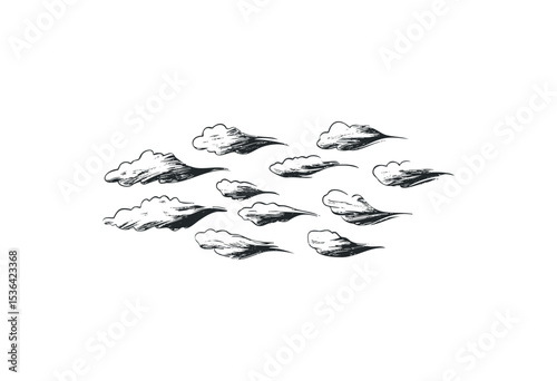 Sketch of fluffy clouds in the sky with varying shapes and sizes. Vector retro hand drawn illustration