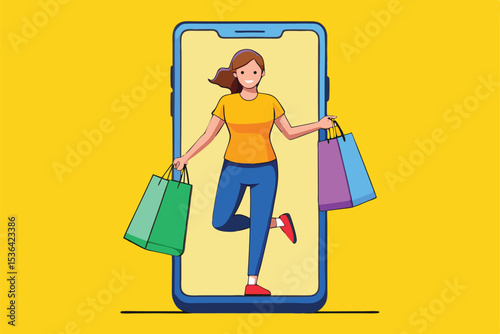 Illustration of a cheerful woman stepping out of a smartphone holding colorful shopping bags, symbolizing online shopping convenience and the joy of purchasing from digital platforms.