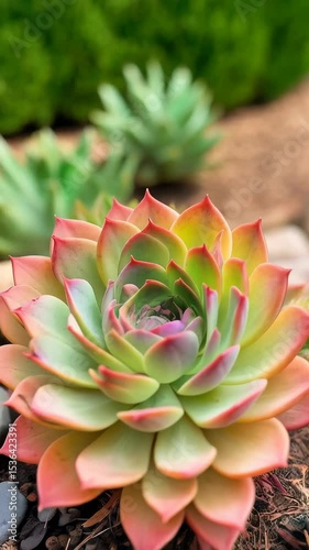Wallpaper Mural Close-up shot of a vibrant Echeveria succulent with colorful leaves, displaying a blend of green, yellow, pink, and red tones growing in a natural garden setting. Torontodigital.ca
