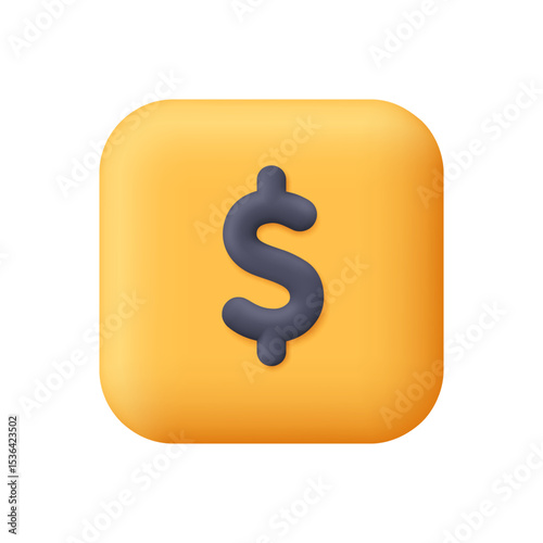 Black dollar symbol on yellow gold square button. Finance and fintech, investment, money saving, profit concept. 3d vector icon. Cartoon minimal style.