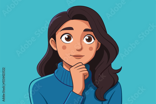 Thoughtful Woman Cartoon Portrait in Casual Outfit Over Light Background