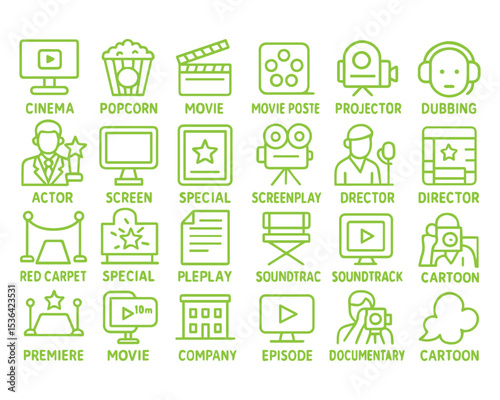 Movies and Cinema Line Vector Icon Collection