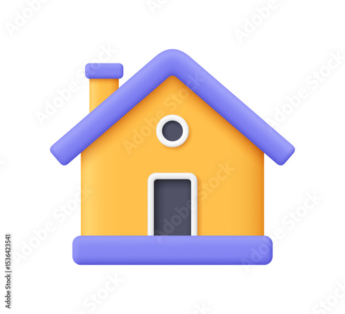 Yellow house with a purple roof. Real estate, smart home, mortgage concept. 3d vector icon. Cartoon minimal style.
