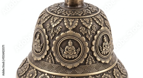 Traditional Bhutanese hand bell with intricate carvings, isolated on white background. Generative AI